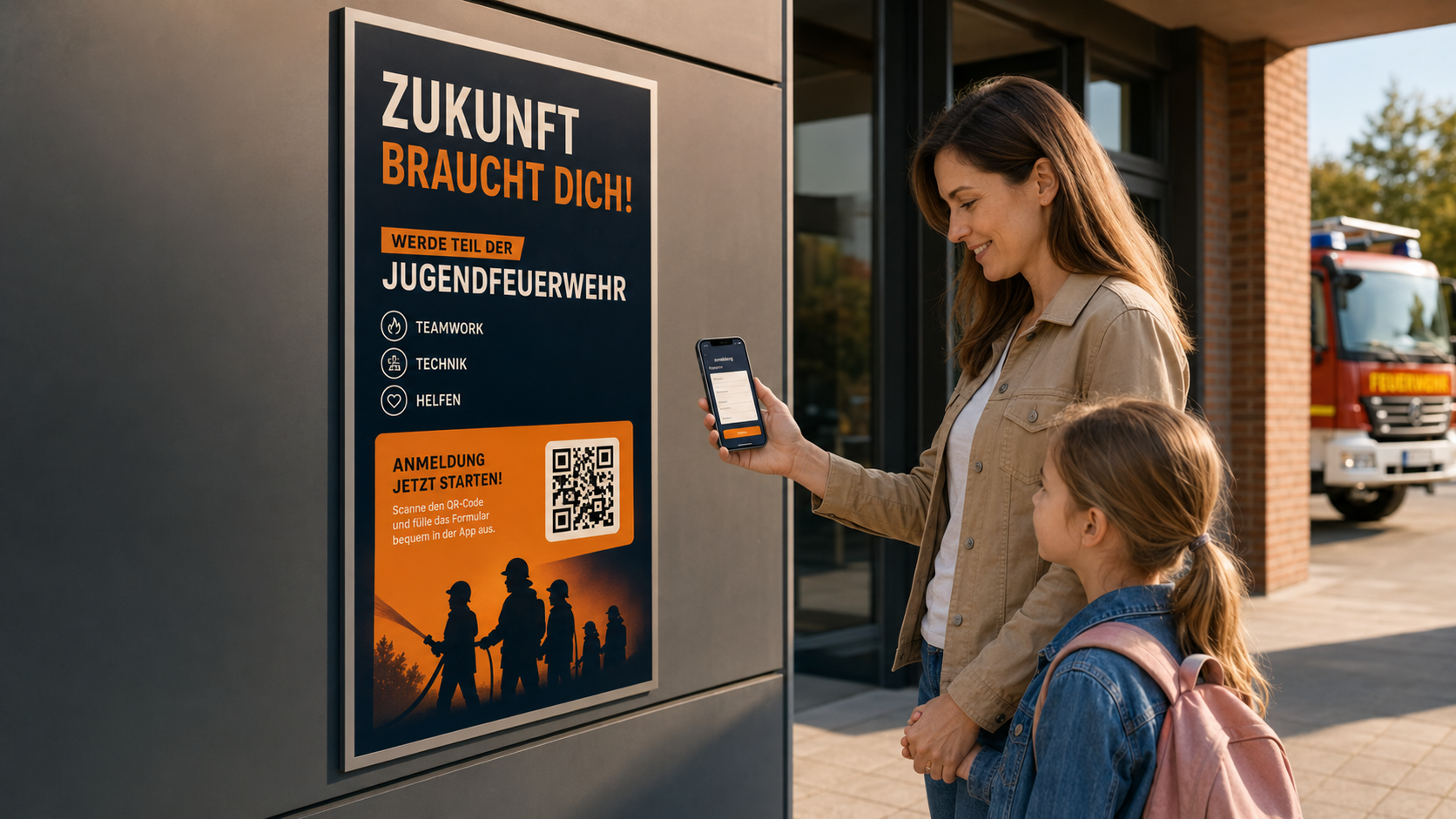 Mutter scannt mit Kind einen QR-Code für den digitalen Aufnahmeantrag der Jugendfeuerwehr